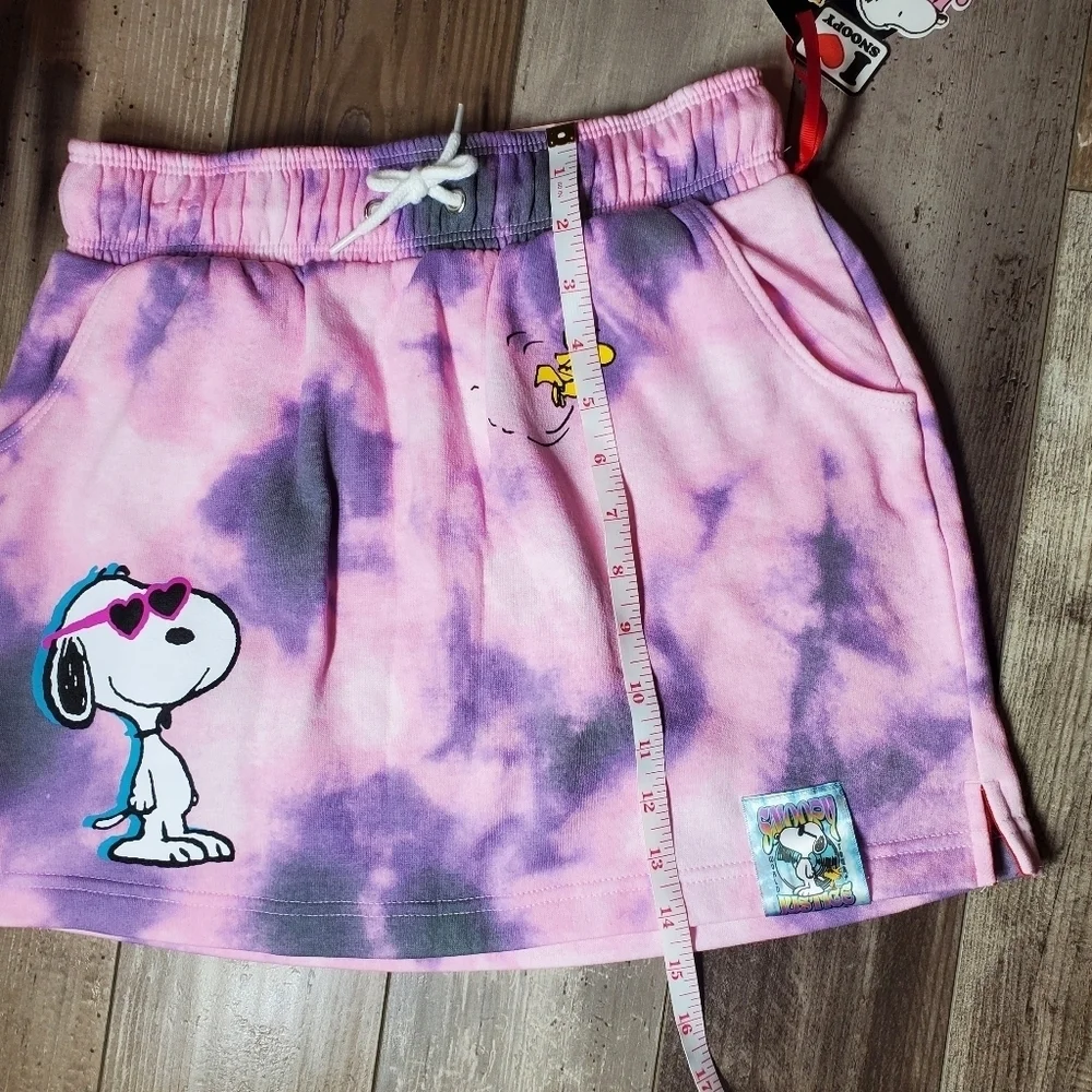 NWT Justice Girls Pink Purple Tie-Dye Snoopy Fleece Skirt Skort Size Large 12/14